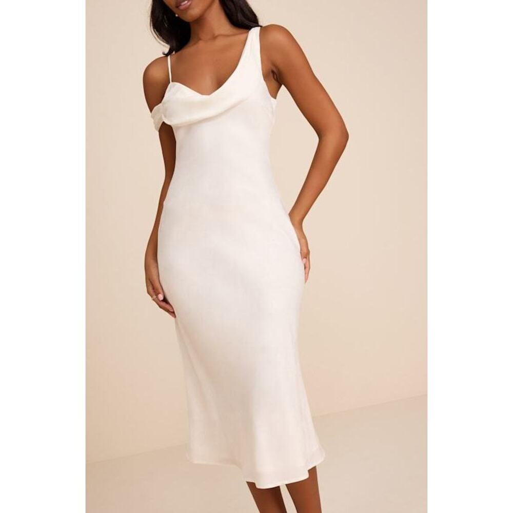 NWT Lulus Cavani White Satin Asymmetrical Midi Dress - Size Medium